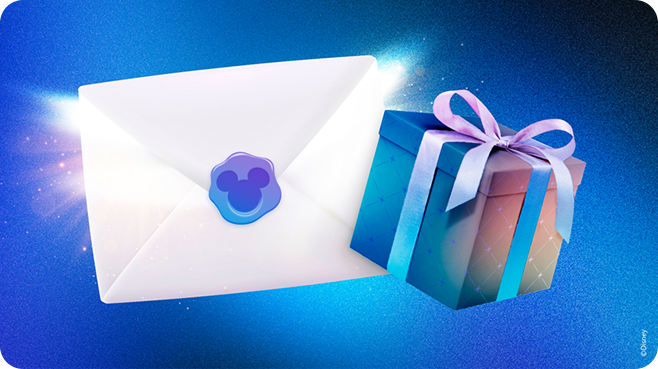 Brief und Geschenk vor funkelndem Hintergrund